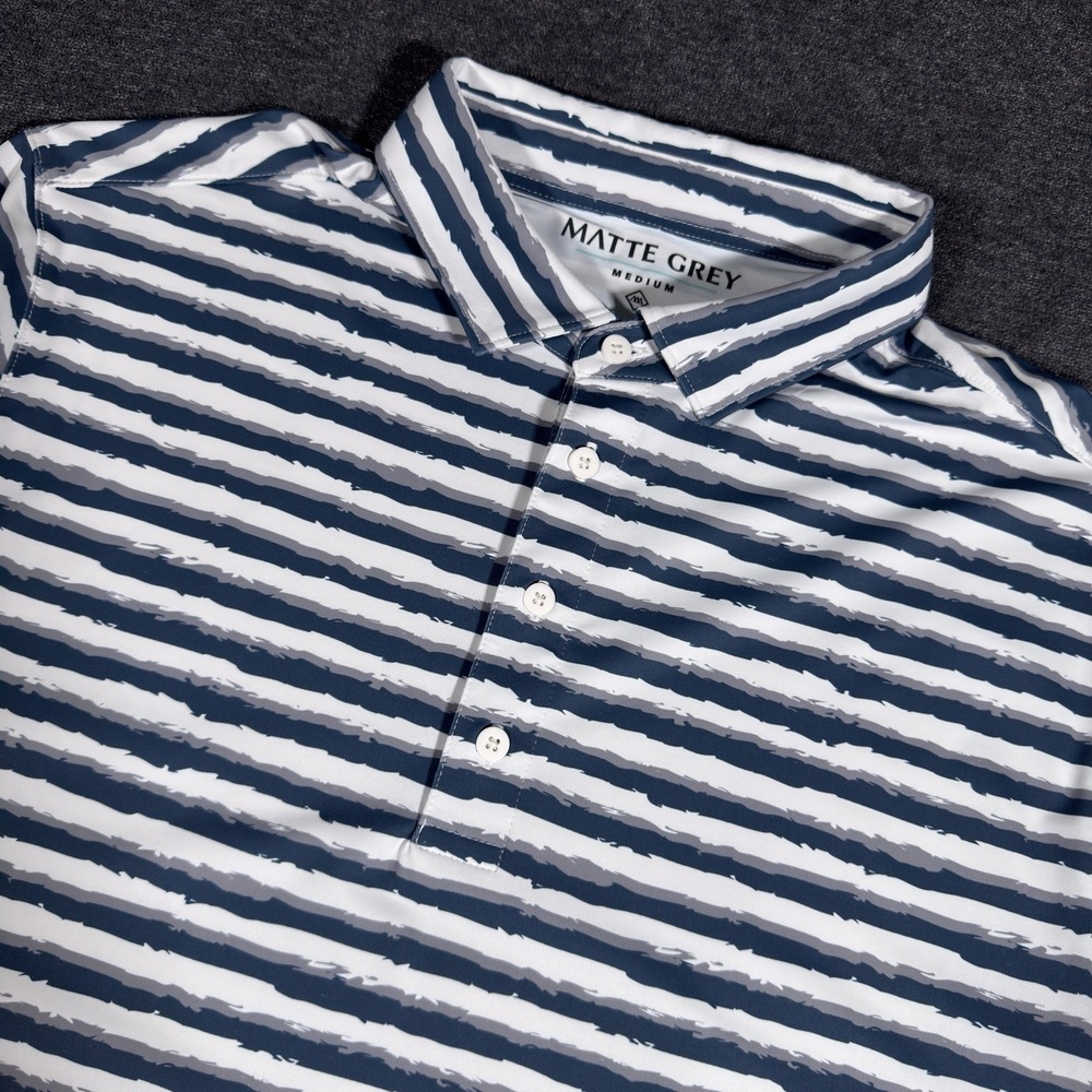 Matte Grey Med Golf‎ Shirt Polo Blue Gray Striped Collared Golf Performance